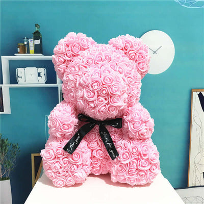 Rose Teddy Bear - Handcrafted Artificial Rose Bear Gift 25cm