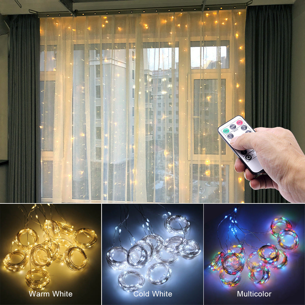 Copper Wire Curtain Light 8-Mode Christmas Decorative Light String Stars Cross-Border Amazon USB Remote Control Hook Icicle Light