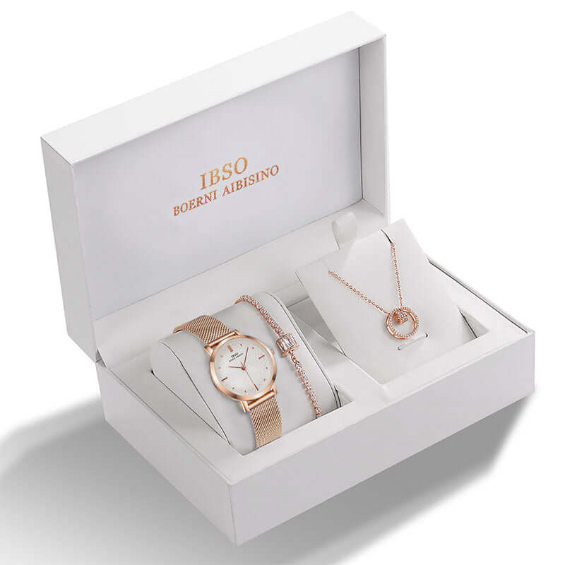 3-in-1 women’s jewelry set including matching watch, bracelet, and necklace in gold finish