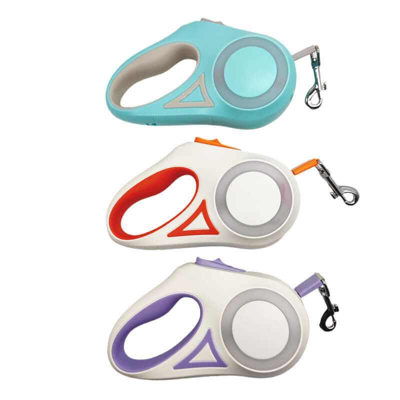 Dog walking at night with LED retractable dog leash glowing in the dark