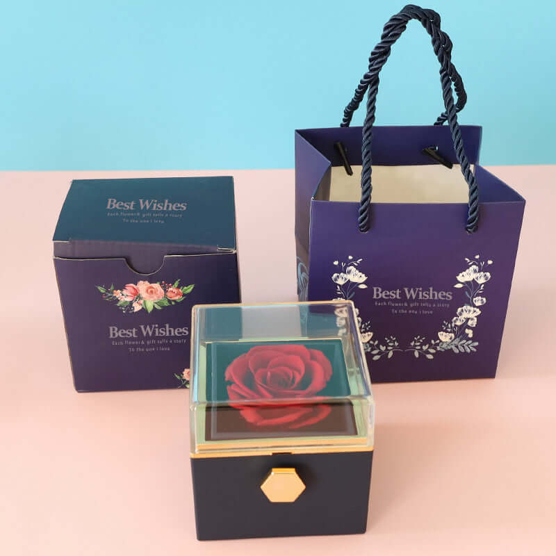 Elegant romantic rose ring box with preserved flower and velvet finish