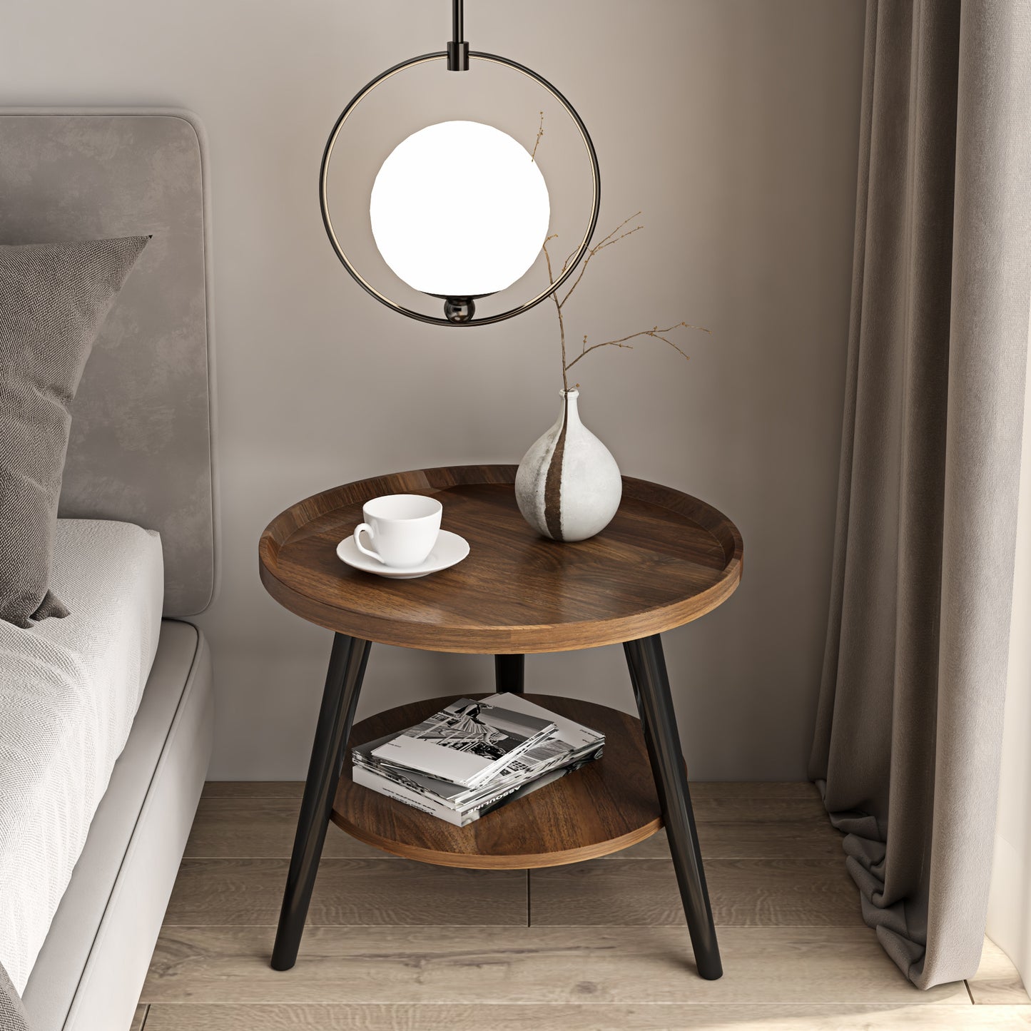 Modern round coffee table styled in a small apartment living room with light luxury decor