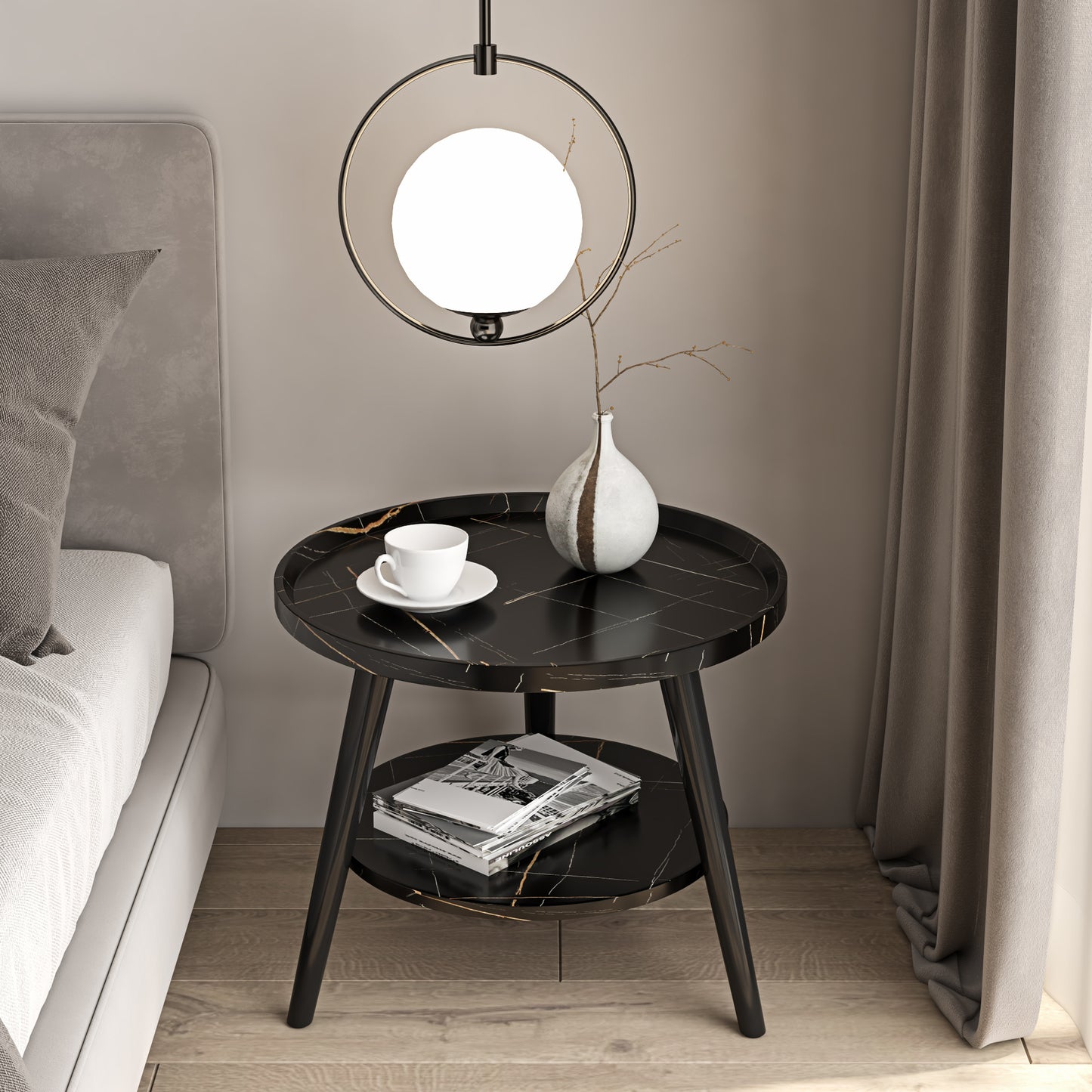 Smooth black stone finish on round coffee table, showcasing minimalist light luxury design