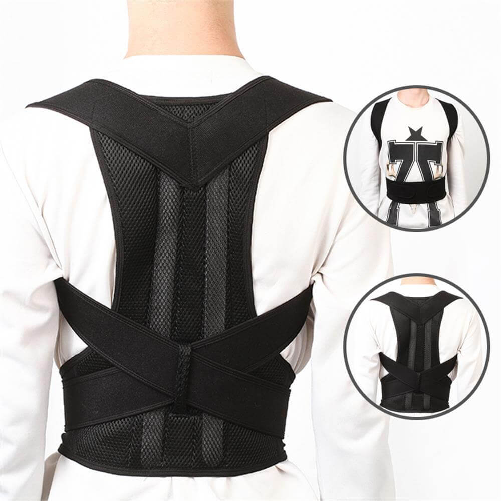 Person wearing an adjustable posture corrector for back support