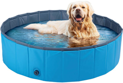 Golden retriever enjoying bath inside foldable non-slip pet pool


