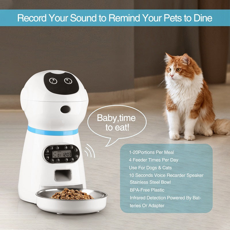 Automatic pet feeder with timer dispensing food for a cat 