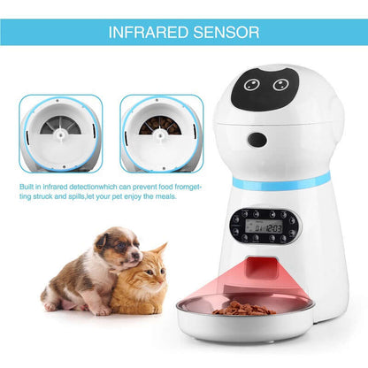 Automatic pet feeder with timer dispensing food for a cat 