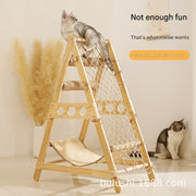 Natural Wood Cat Play Tower with Hammock and Bed