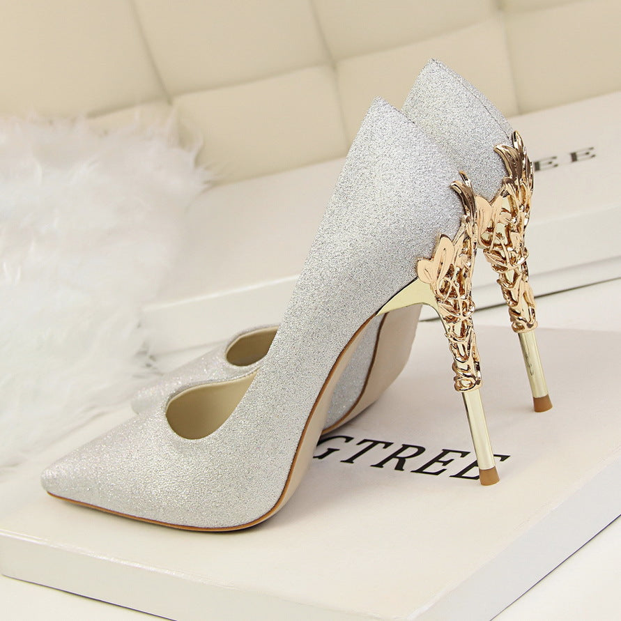 Korean Fashion Sexy Metal with Women's Stiletto High-Heeled Wedding Shoes