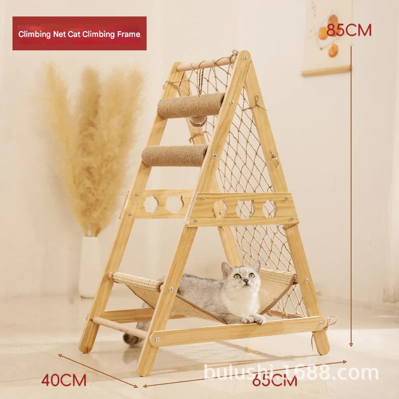 Natural Wood Cat Play Tower with Hammock and Bed
