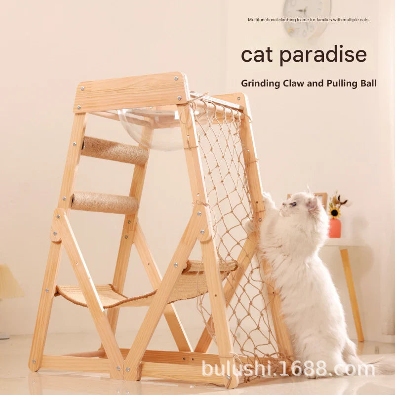 Natural Wood Cat Play Tower with Hammock and Bed