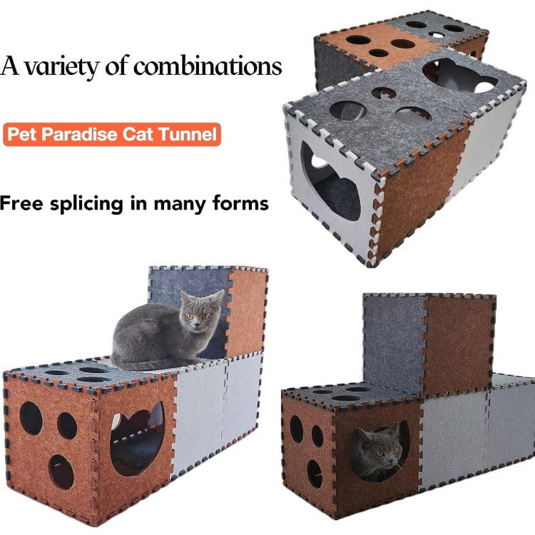 Modular felt cat tunnel house for indoor cats – cozy, foldable play structure for kittens and adult cats with hideout and tunnel features
