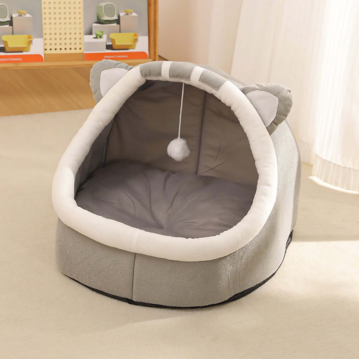 Foldable cat hideaway in a cozy corner of an apartment for a comfortable retreat