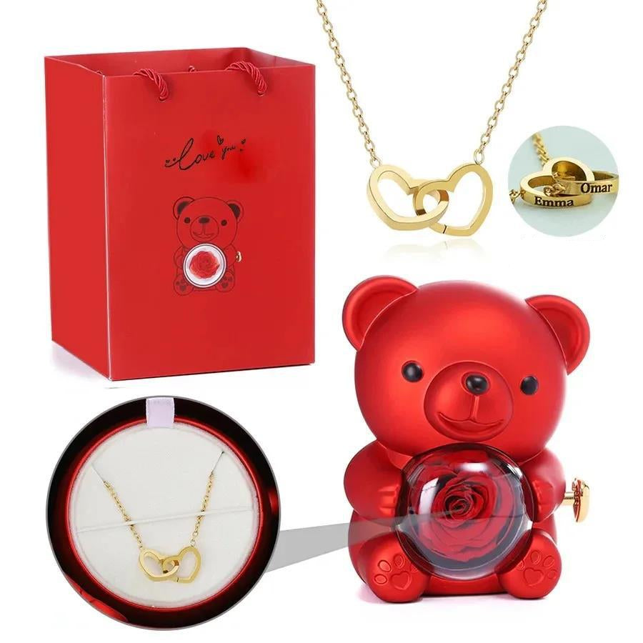 Rotating Eternal Rose Bear Necklace Gift Box