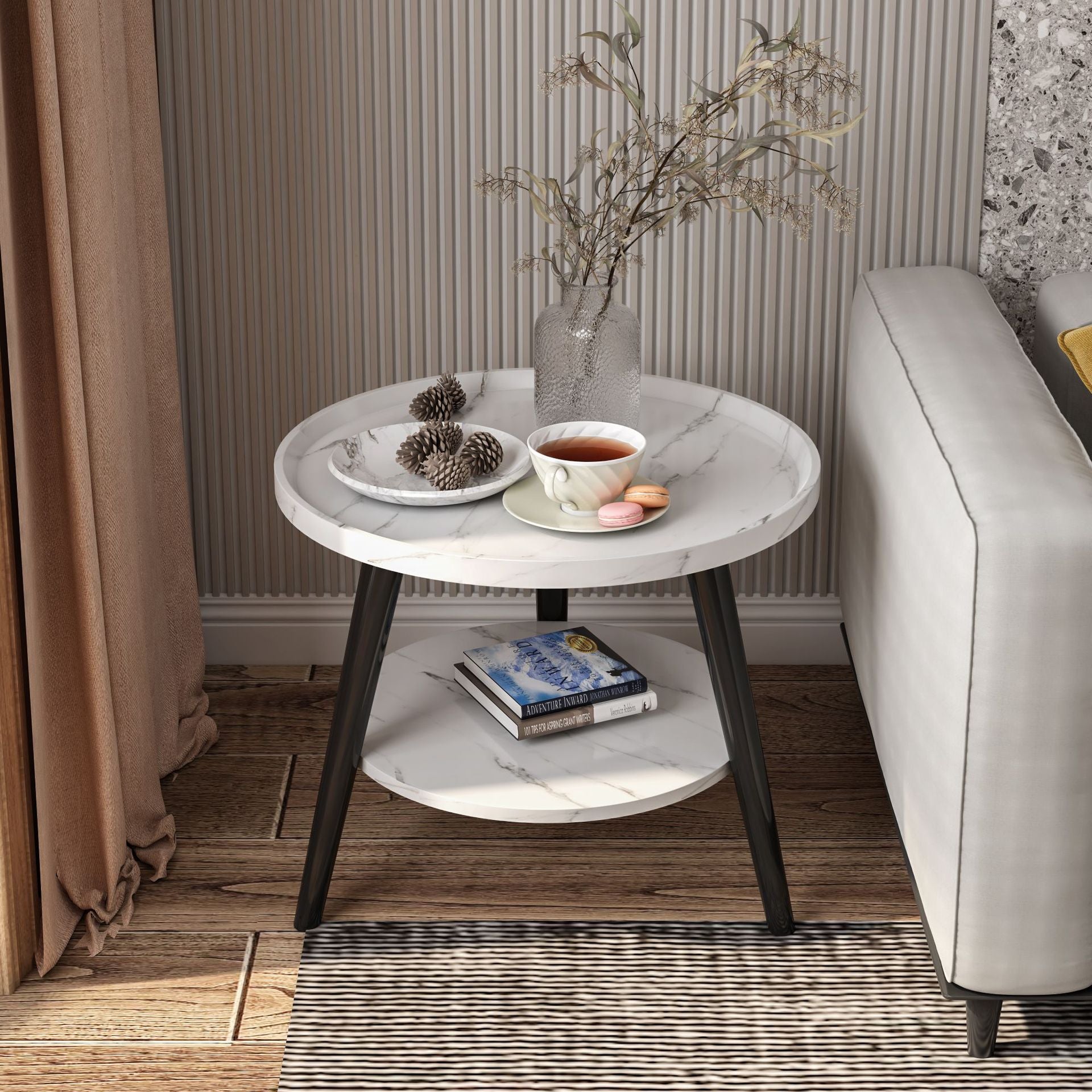 Compact double-layer coffee table with black stone top and solid wood frame for modern interiors