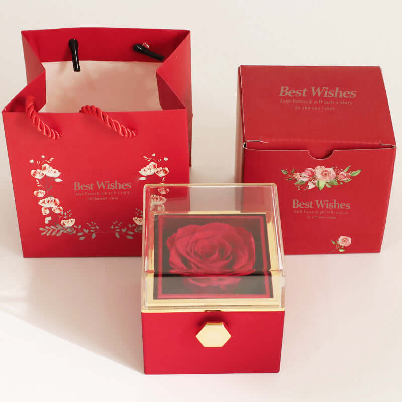 Elegant romantic rose ring box with preserved flower and velvet finish

