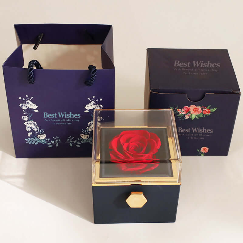 Elegant romantic rose ring box with preserved flower and velvet finish

