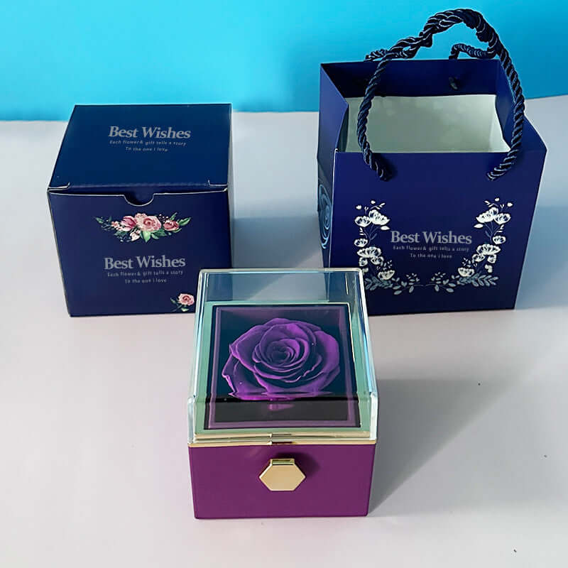 Elegant romantic rose ring box with preserved flower and velvet finish

