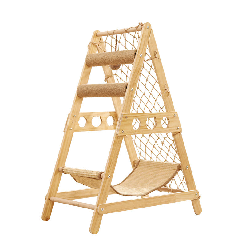 Cat relaxing on soft cushioned bed of multi-level wooden cat tower