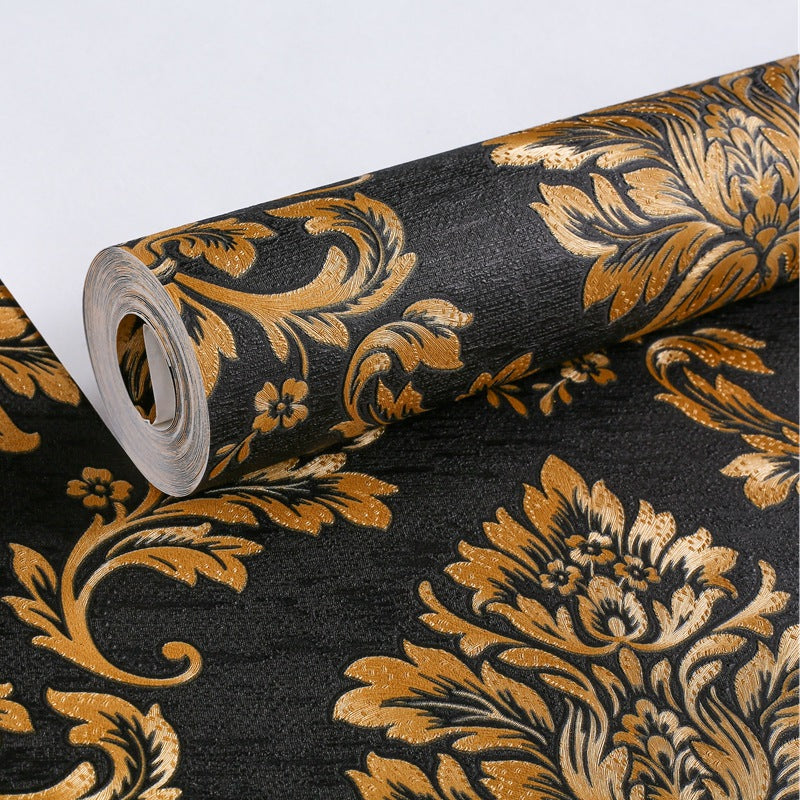 Pure black 3D European-style large flower wallpaper