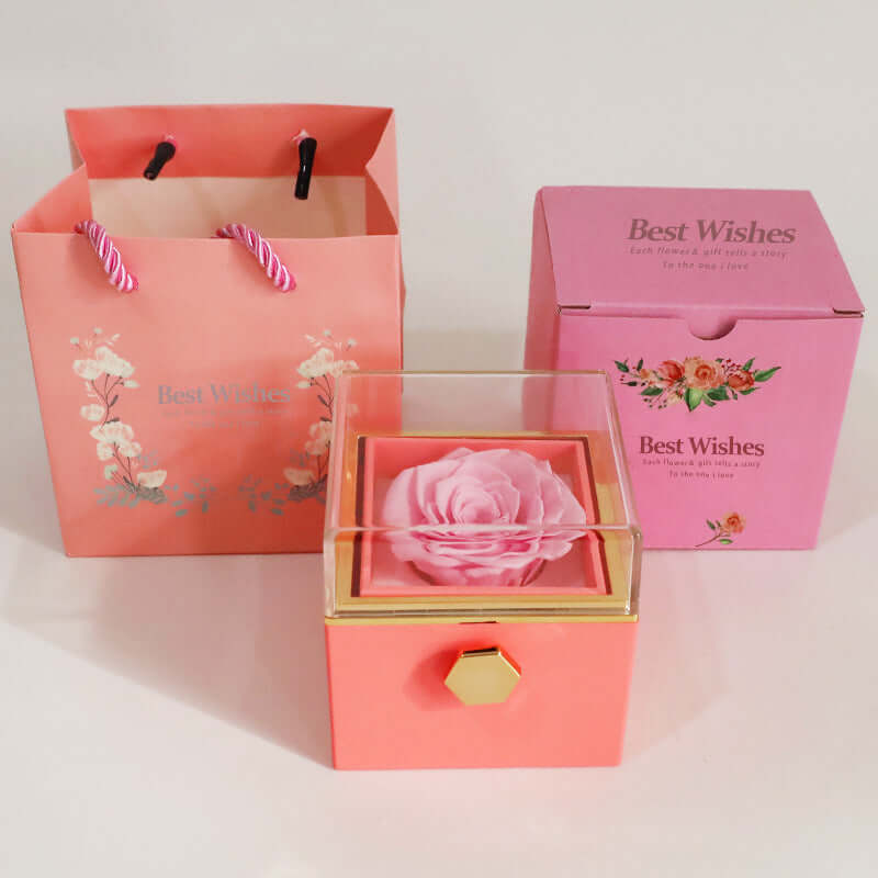 Elegant romantic rose ring box with preserved flower and velvet finish

