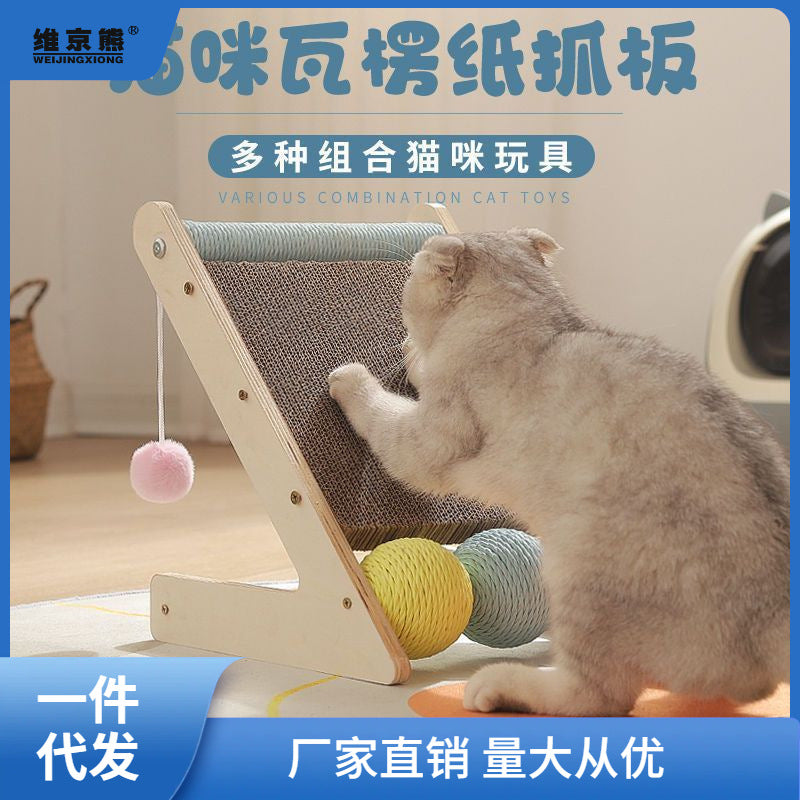 Indoor cat using horizontal cat scratch board on floor