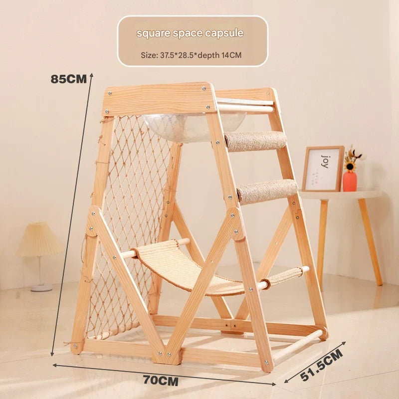 Natural Wood Cat Play Tower with Hammock and Bed
