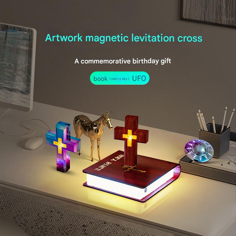 light luxury magnetic levitation cross lamp base, color light changing starry sky book base